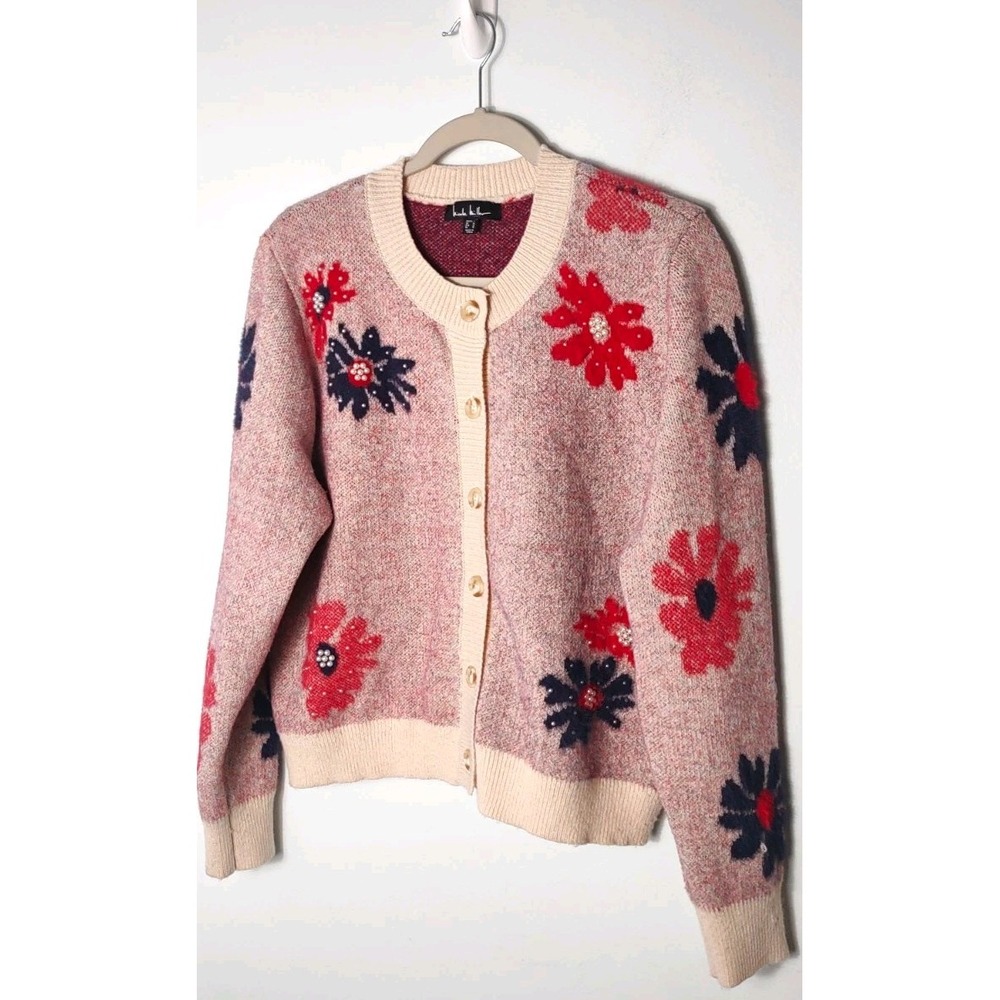 Large Nicole Miller Floral Beaded Button Front Cardigan cozy grandmacore vibrant